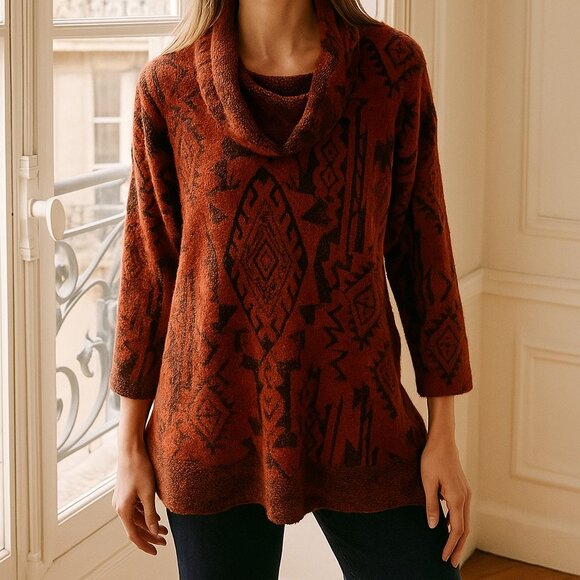 Ali Miles Orange Black Fuzzy IKat Print Cowl Neck Sweater Top Medium - Picture 1 of 9